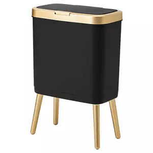 Office Trash Can with Lid, Black Bathroom Trash Can with Gold Edge, Modern Narro - Picture 1 of 12