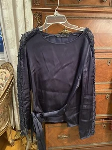 Navy blue Satin Zara basic top/blouse with lace sleeve size large - Picture 1 of 7