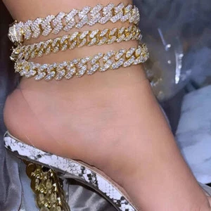 Flatfoosie Iced Out Chunky Cuban Chain Anklets For Women Luxury Rhinestone Link - Picture 1 of 21