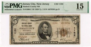 1929 Ty.2 $5 Hudson Co NB Jersey City NJ CH#1182 PMG CH VF15 GCC Green - Picture 1 of 2