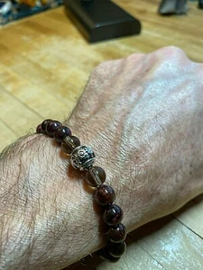 Tibetan Prayer Bead Garnet & Smokey Quartz Crystal Gemstone Mala Style Bracelet - Picture 1 of 8