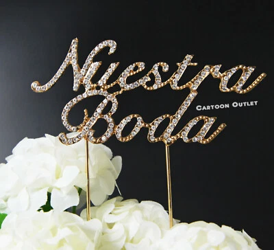 ADORNO DE PASTEL DE NUESTRA BODA CON PEDRERÍA DE METAL DORADO CLARO PARA PASTEL DE NOVIA FOTO Foto 1 de 4