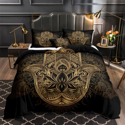 Gold Hamsa Hand Bedding Black Gold Mandala Duvet Cover Set /Queen/ King Size - Image 1 of 4