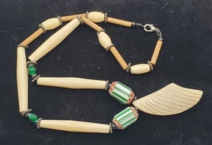 Vintage Carved Necklace Green Glass African Chevron Trade Beads  - Picture 1 of 11