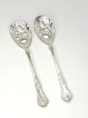 Juego de cuchara y tenedor para servir ensalada de bayas sólidas Kings de colección 8" plateado Inglaterra Foto 1 de 4