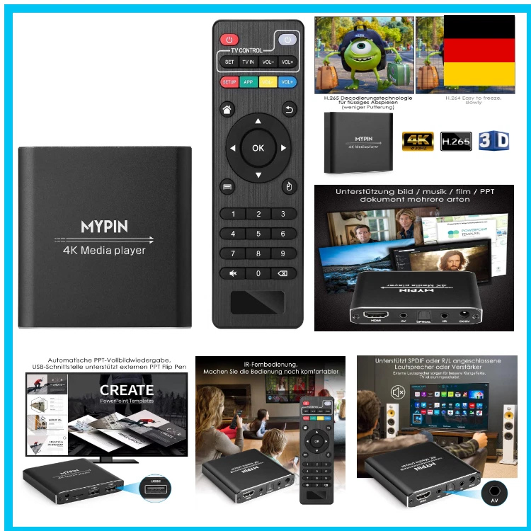 MYPIN HDMI Multimedia Player, 4K@30Hz Digital Media Player HDMI/AV-Ausgang PPT