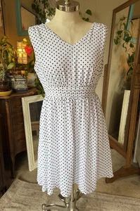 Lane Bryant Swiss Dot Dress Size 16 White Black Polka Dot Smocked Sundress Lined - Picture 1 of 9