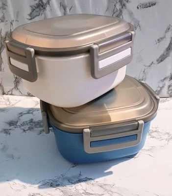 Contenedor de almuerzo Bento Box azul y blanco de 5 secciones con tapa de bloqueo y juego de 2 spork Foto 1 de 4