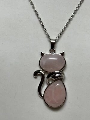 猫形吊坠项链, 天然宝石, 玫瑰石英 — 第 1/4 张图片