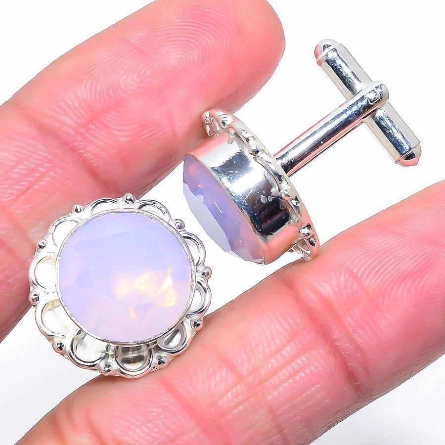 粉色黄玉宝石手工 925 纯银珠宝袖扣 — 第 1/1 张图片