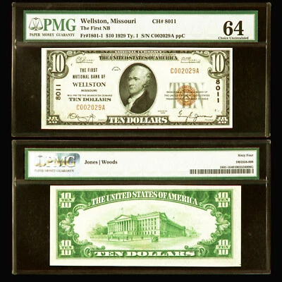 PMG 64 1929 First National Bank Wellston, Missouri $10 Type 1 Ch. # 8011 - Image 1 of 3