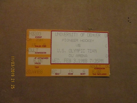 NCAA Denver Pioneer Hockey vs U.S.Olympic Team Vintage Feb. 3,1988 Ticket Stub Cover