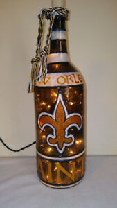 New Orleans Saints Inspired Bottle Lamp Hand painted Stained Glass look Lighted