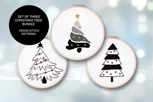 Bundle Lot of 3 Christmas Tree Black Red Gold Counted Cross Stitch Patterns - Picture 1 of 7
