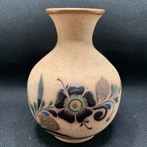Vintage TONALA Mexiko Keramik Vase Steinabnutzung braun blau Blume handbemalt 5,5" - Bild 1 von 5
