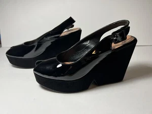 Robert Clergerie Black Patent & Suede Cutout Platform Peep Toe Slingback Sandals - Picture 1 of 10