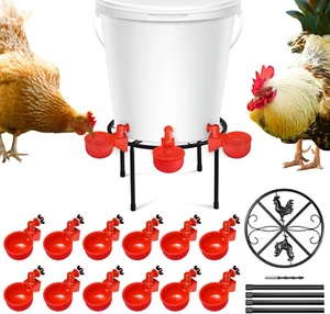 12 Pack Chicken Water Feeder Cups, Metal Stand & Iron Rack for Poultry Coop - Picture 1 of 7