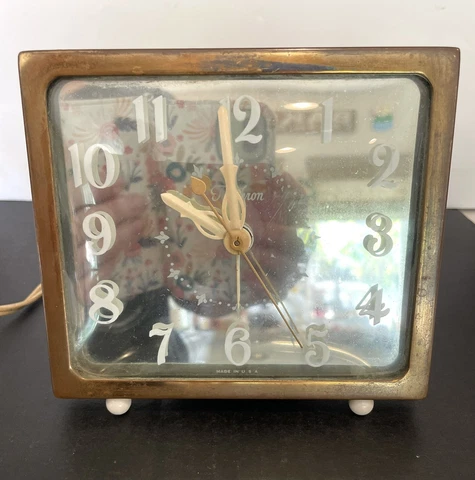 Vintage Clock Telechron 7H195 Brass Trim Mirror Face MCM runs Cover