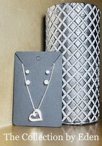 Macys Necklace & Earrings- Silver Open Heart CZ Pendant w/ Round Studs - Picture 1 of 3