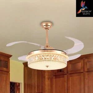 Modern 42" Crystal Chandelier Ceiling Fan with light, invisible blades & Remote - Picture 1 of 13