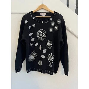 Suéter grueso tejido con cuentas lentejuelas negras vintage Eddie Dassin para mujer grande   - Imagen 1 de 15