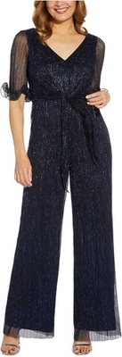 ADRIANNA PAPELL Azul Marino Rayas Metálicas Plisado Pantalón Mono 18 EE. UU. XXL Foto 1 de 4