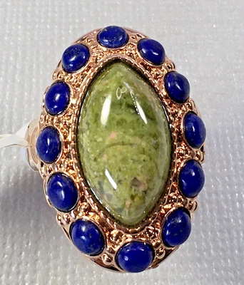 Nuevo con etiquetas Anillo de piedras preciosas de cobre moderno de unakita y lapislázuli talla 6,5 para mujer Foto 1 de 4