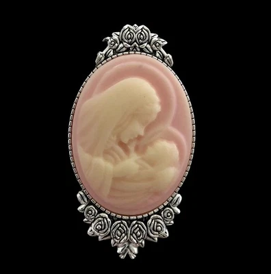 Virgin Mary & Baby Jesus Hazy Pink Cameo Brooch Pin, Vintage Antiqued Silver - Image 1 of 4