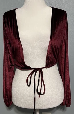 Blusa feminina borgonha veludo gravata frontal manga longa clubwear Y2K Vamp média - Imagem 1 de 4