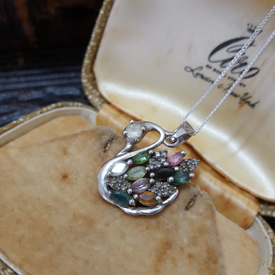 Collar de plata de ley 925, colgante de turmalina multicolor, colgante de cisne  Foto 1 de 4