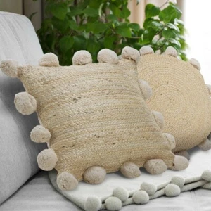 NWT Sevita Natural Jute Throw Pillow with Pom Pom Border - Picture 1 of 5