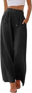 LILLUSORY Women's Linen Summer Palazzo Pants Black Size XL B30) - Picture 1 of 5