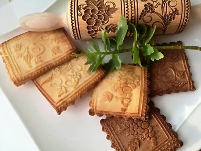  Grape Embossed Dough Roller Engraved Wooden Rolling Pin Springerle Cookies  - Image 1 of 4