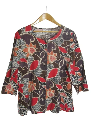 热卖棉女式中号红色棕色橙色白色花卉 LS 亚麻束腰衬衫上衣 — 第 1/4 张图片