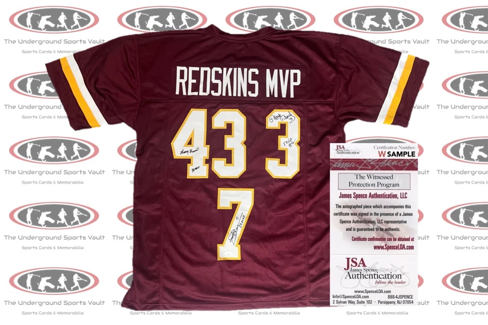 Theismann,Mosely,Brown signed Redskins Custom Redskins NFL MVP Jersey JSA Witess - Image 1 of 2