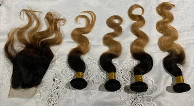 Paquetes brasileños de tejido de cabello humano onda corporal 16”,18”,20”, 22" cierre 14" ombre Foto 1 de 4
