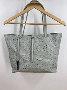 Vince Camuto Leather Leila Laser Cut Shoulder Tote Purse Blue Hint Silver Pocket - Picture 1 of 20