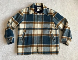 VINTAGE 1960s Woolrich Jacket Mens Large Sherpa Lined Plaid Talon Blue - Picture 1 of 17