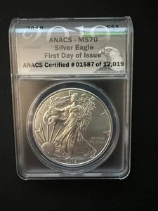 2019 AMERICAN SILVER EAGLE 1oz .999 FINE SILVER ANACS MS70 FIRST DAY ISSUE $1 - Picture 1 of 3
