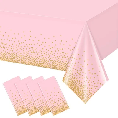 4 Pack Pink and Gold Plastic Tablecloth for Parties, Pink Disposable Table Cl... - Image 1 of 4
