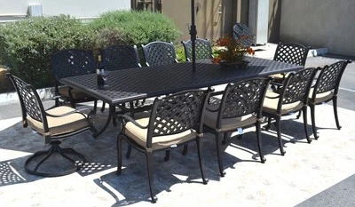 Nassau 10 person cast aluminum patio dining set rectangle outdoor table 46 x 120 - Image 1 of 4
