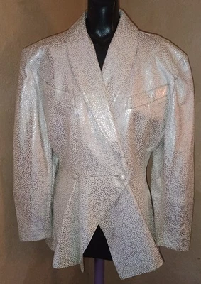 Blazer Chaqueta de Cuero Lora Vintage Años 80 Blanco Plateado Punto Cintura Peplum Foto 1 de 4