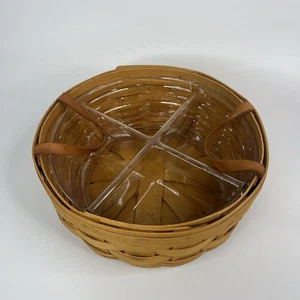 Longaberger Basket Round Divided 4 sections Basket With Plastic 10” Snack Picnic - Picture 1 of 8