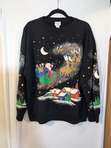 Vintage Christmas Ugly 90s Holiday Santa Reindeer Sleigh Sweatshirt XL - Picture 1 of 5
