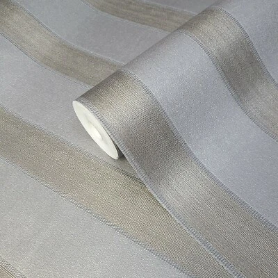 Modern Gray Silver Bronze Brass metallic textured faux fabric striped Wallpaper - Image 1 of 4