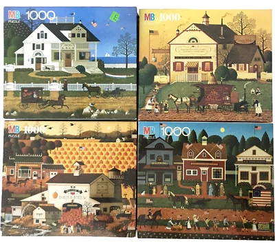 VTG Lot 4 CHARLES WYSOCKI Jigsaw Puzzles 1000 Pc MB AMERICAN FOLK ART Some HTF - Image 1 of 4