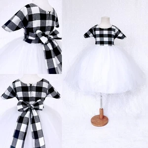 Short Sleeve White Black Plaid 2 Layer Tulle Toddler Gown Holiday Pageant Party - Picture 1 of 18