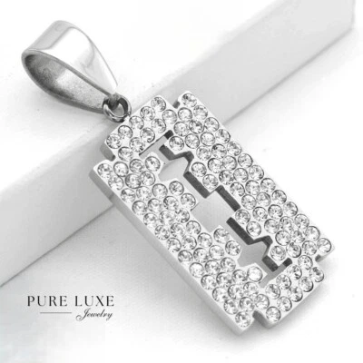 NUEVO Gift Inc Para Hombres Acero Inoxidable Plata Circonita cúbica 48 mm Hoja de Afeitar de Cadera Colgante + Caja Foto 1 de 2