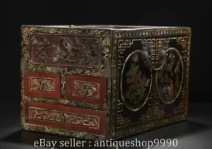 13" Old Chinese lacquerwork Wood Carving Flower Bird Pattern Square Book Box - Picture 1 of 9