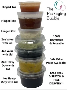 Hinged Plastic Chutney Cups Lids Round Sauce Pots Deli Dessert Condiment Dips - Picture 1 of 13
